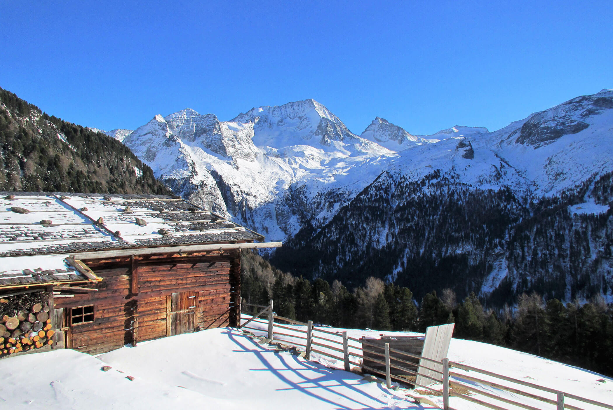 A wooden cabin with firewood sits on a snowy hill, backed by tall, snow-covered mountains and blue sky. - Residence Aichner
