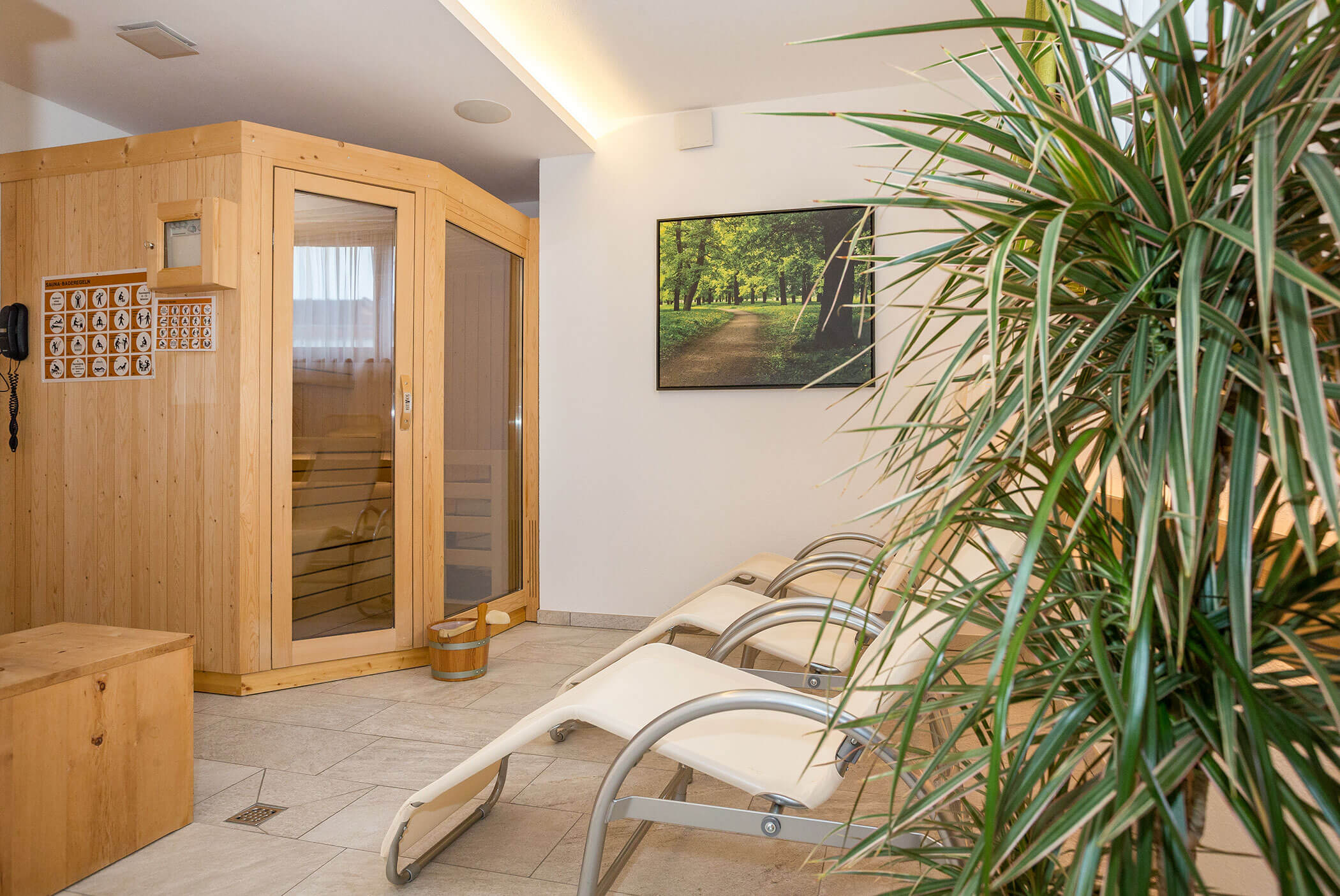 Sauna im Innenbereich mit Liegestühlen, einer Saunakabine aus Holz, einer Grünpflanze und einem Naturfoto an der Wand. - Residence Aichner