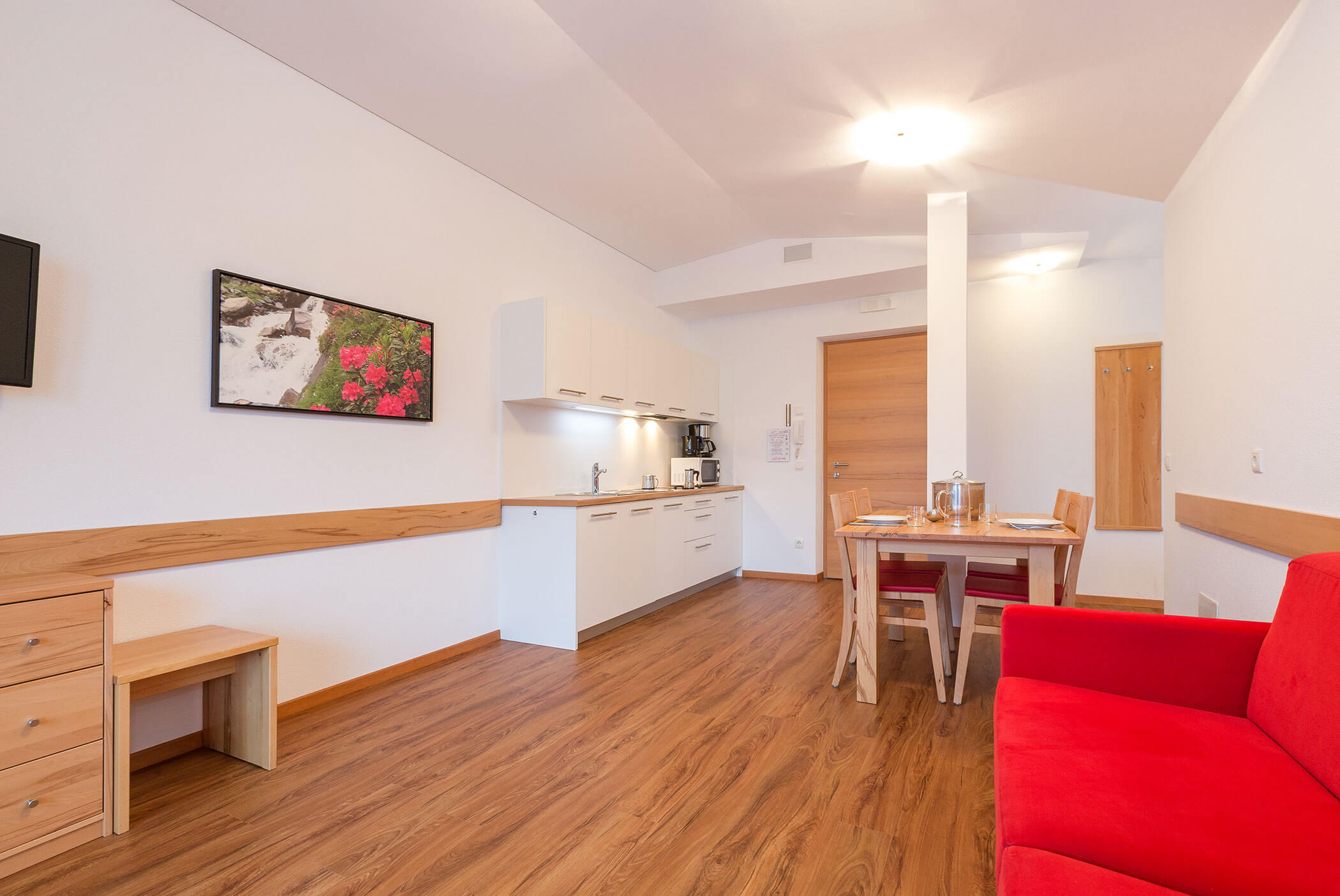 Moderno monolocale con pavimenti in legno, divano rosso, angolo cottura, tavolo da pranzo e quadri alle pareti, il tutto illuminato da luci vivaci. - Residence Aichner